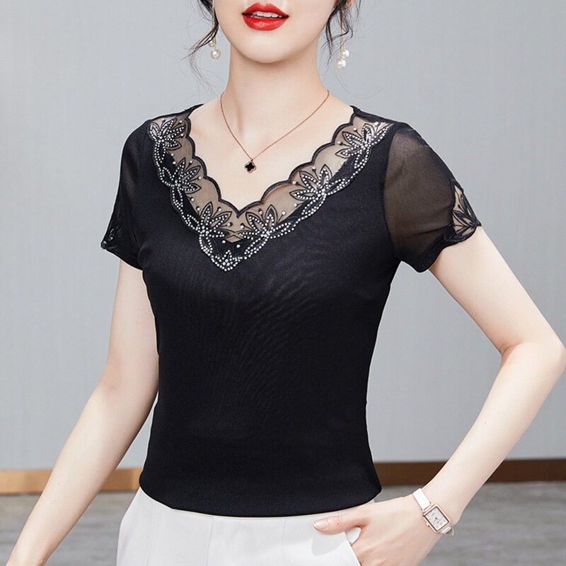 Camiseta de diamante quente feminina, com tops de malha bordados, roupas pretas, verão, 2024