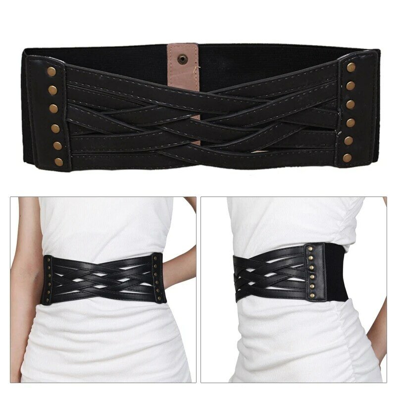 Vintage Women PU Leather Chain Elastic Wide Belt Strap Solid Color Waistband Waist Corset for Women Slimming Belt Drop Shipping
