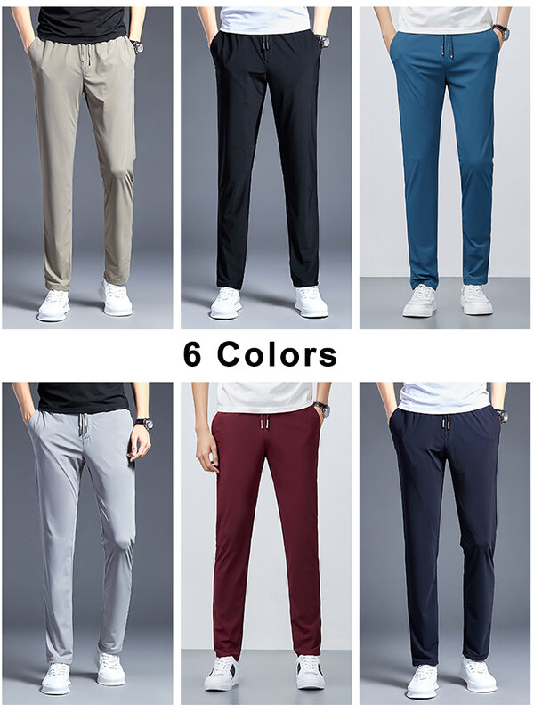 Summer Lightweight Long Sweatpants Men Breathable Cooling Nylon Silk Spandex Casual Chino Pants Male Straight Trousers