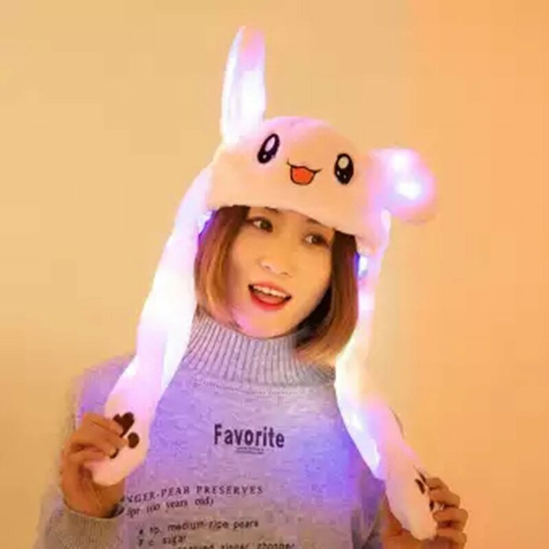 Cute Glowing Bunny Ears Hat, Jumping Rabbit Hat, Orelha engraçada Movendo o chapéu do coelho, Brinquedos de pelúcia Kawaii dos desenhos animados, Presente para adulto K