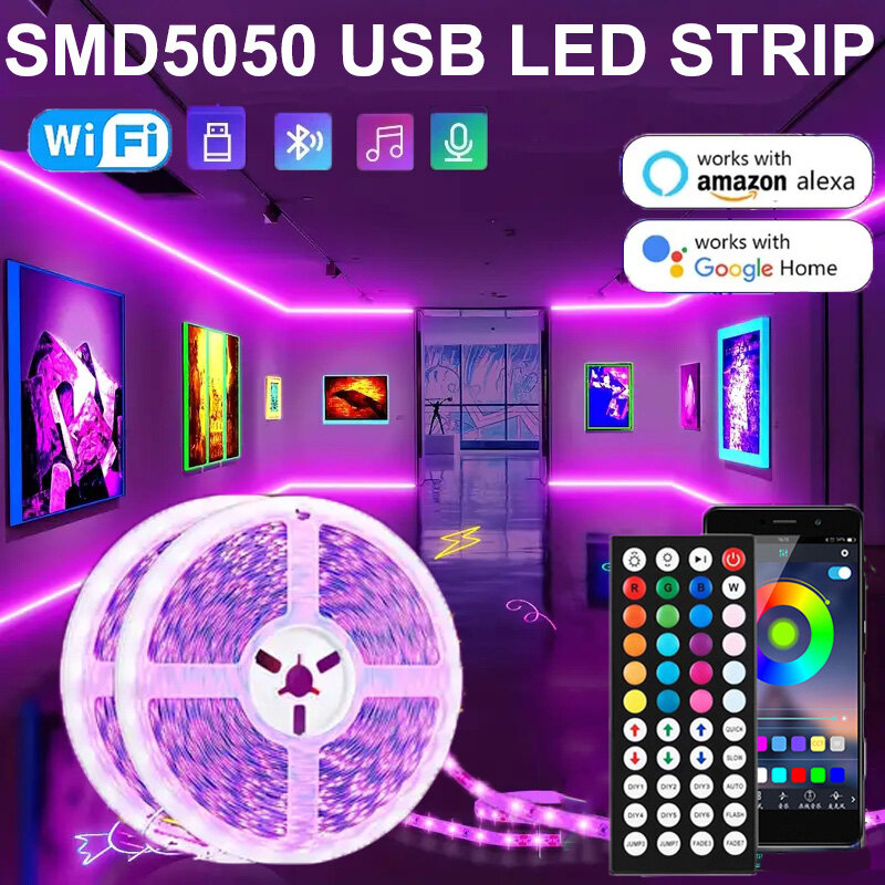 Faixa de luz LED USB com controle de aplicativos, iluminação RGB, sincronização de música para festa, PC, TV, Living R, Bluetooth, WiFi, 5050, 1-30m