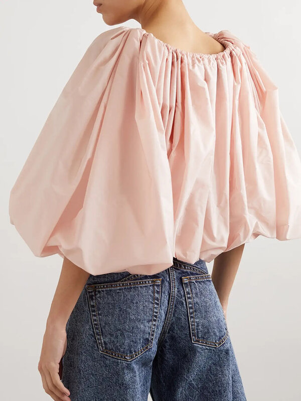 Camisa manga de lanterna enrugada com renda, blusa regata, moda coreana, blusa curta casual simples para mulheres, Y2K, primavera e verão