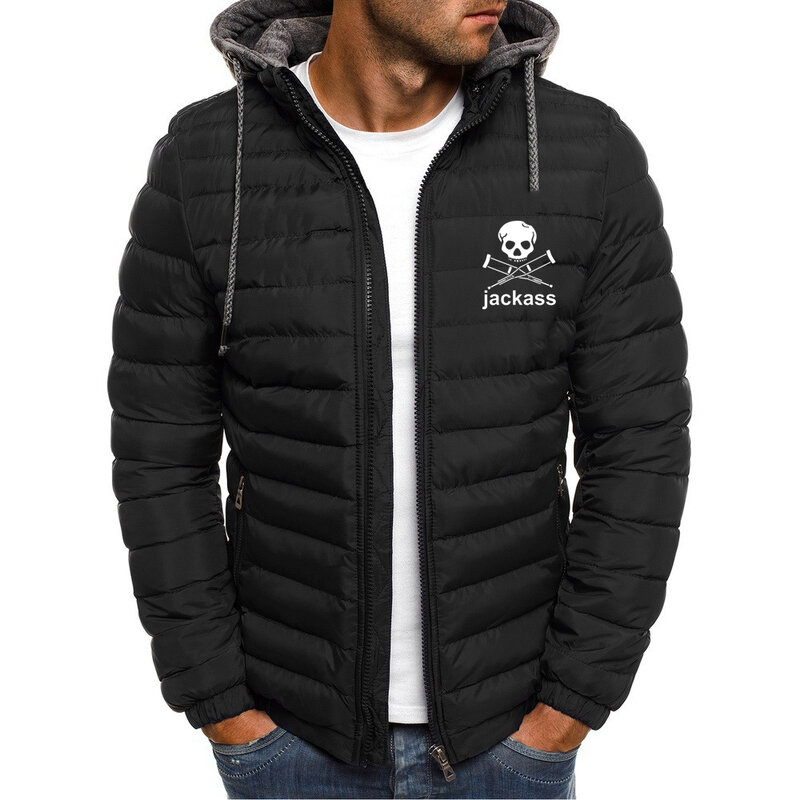 2023 Jackass Forever 로고 프린트 맞춤형 남성용 지퍼 다운 재킷, 면 후드, 따뜻한 캐주얼 포켓 남성 스트리트웨어 판매, 신제품