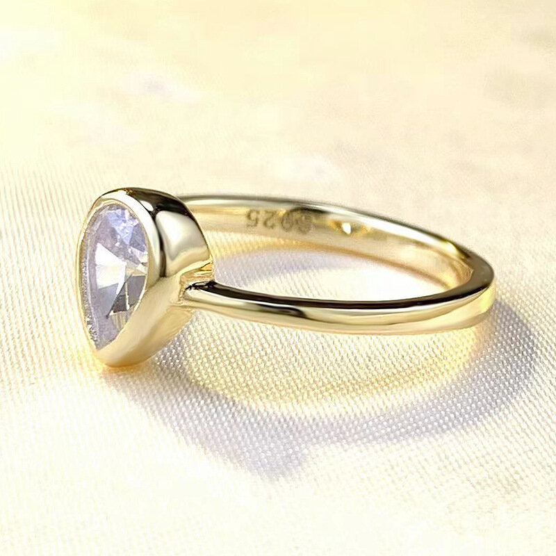S925 banhado a prata a ouro pêra em forma requintado anel, gota de água, novo, 2023