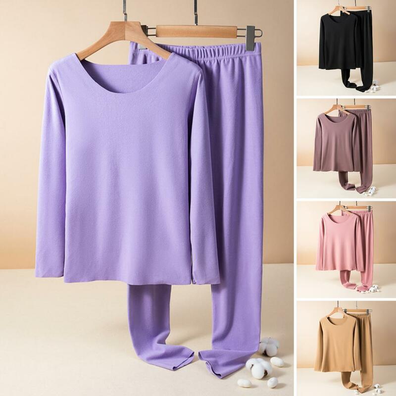 Brushed Velvet Thermal Wear Cozy Winter Pajama Set with High Elasticity Soft Warm Top Pants Suit for Women 2 Piece Round Neck