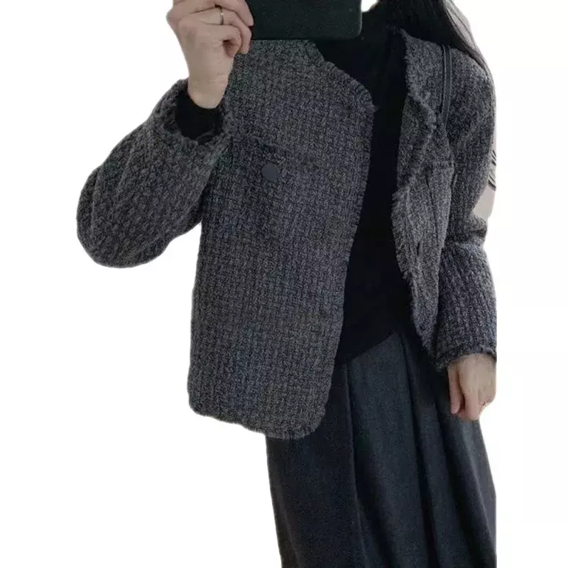 Chaqueta acolchada de mezcla de lana para Mujer, abrigo a medida de manga larga con flecos grises, ropa de otoño
