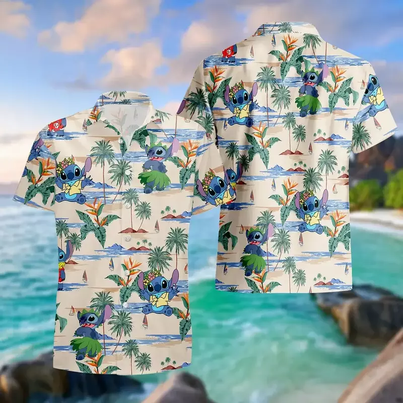 Camisas hawaianas de manga corta para hombres y mujeres, camisas casuales de playa, camisas hawaianas de Disney, puntada, moda de verano