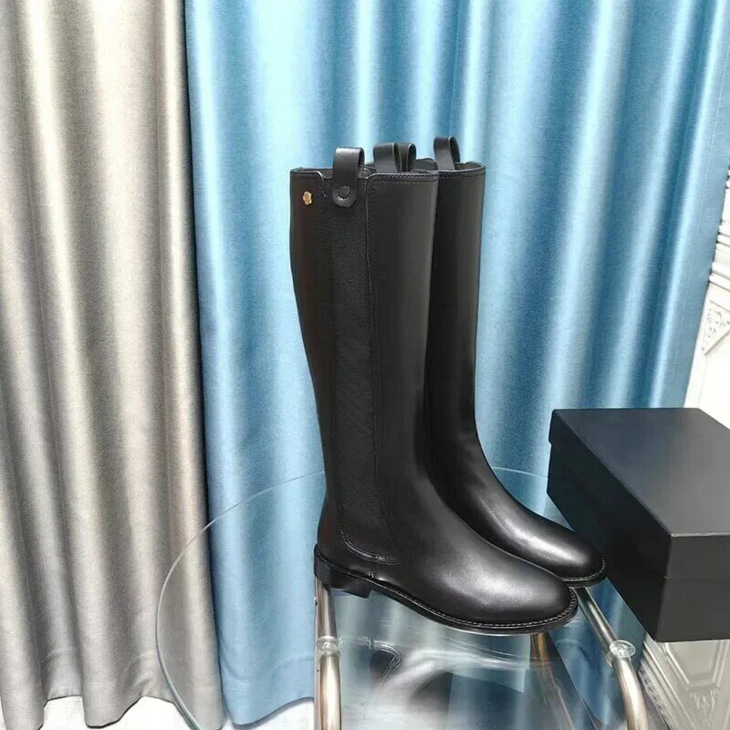 Round Toe Black Long Boots Genuine Leather Sewing Popular Designer Mental Decor Flower Modern Boots Spring Autmn High Quality