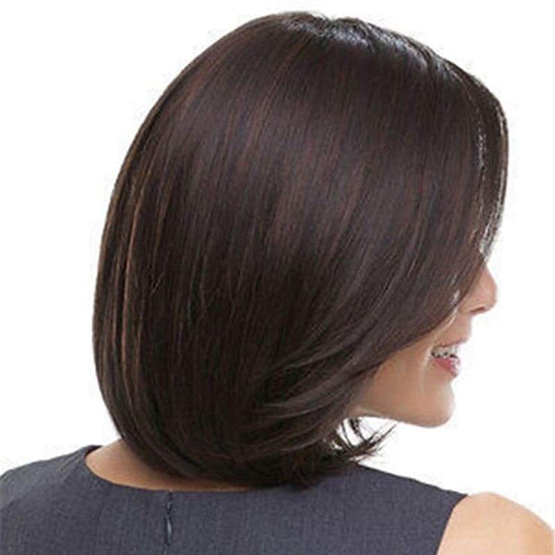 Długość ramion brązowy Bob włókno termoodporne włosy peruki dla kobiet syntetyczne proste włosy peruka z grzywką