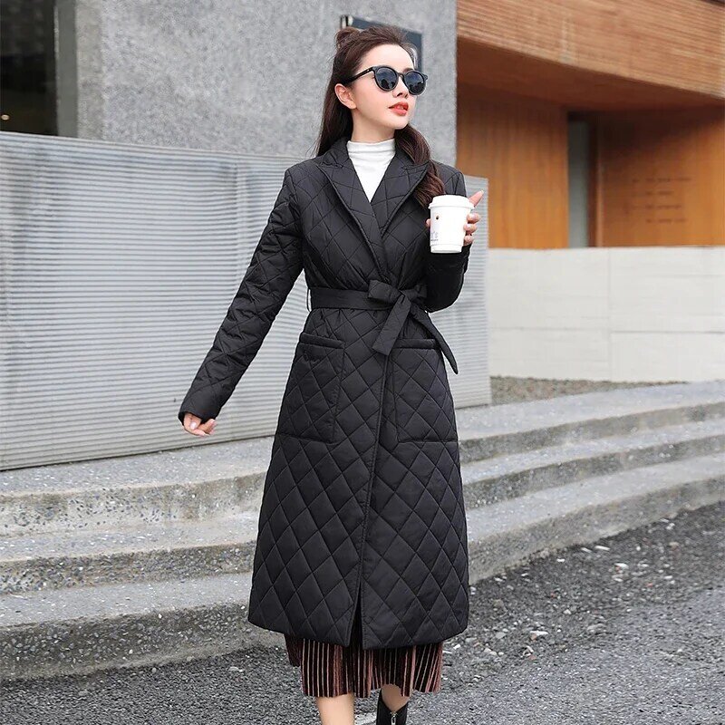 Woman Jacket Parkas X-long Belted Space Cotton 2024 New Diamond Plaid Coat Down Women's Over The Knee Winter Clothing Warm Coats