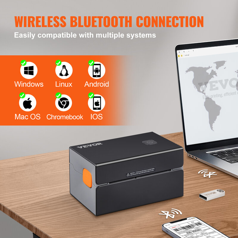 VEVOR Bluetooth Etikettendrucker HD(300DPI), DHL Etikettendrucker mit USB-Anschluss und Automatische Erkennung von Etiketten, Unterstützt Windows/MacOS/Linux, Geeignet für Amazon, Ebay, Etsy, etc