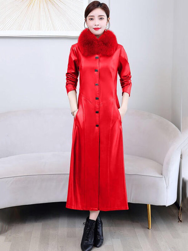 サイズM-7XL 新しい 女性の革のコート 2023年秋冬 ファッションフォックスファーカラー プラスコットンライナー 厚い 長さ スリムレザージャケット