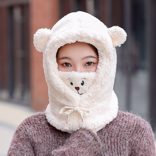 Hat Turn Towel One Women Plush Thickened Cute Bear Plush Lamb Cashmere Cold Proof Student Girl Ear Mask Winter Warm Coffee