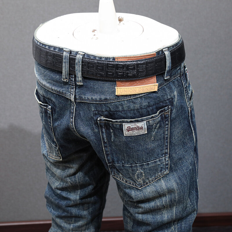 Pantalones vaqueros de estilo japonés para Hombre, Jeans rasgados ajustados de alta calidad, Retro, azul oscuro, diseño Vintage
