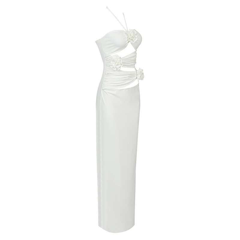 Dropshipping baru grosir gaya populer dan seksi berlubang gaun malam mewah putih untuk wanita