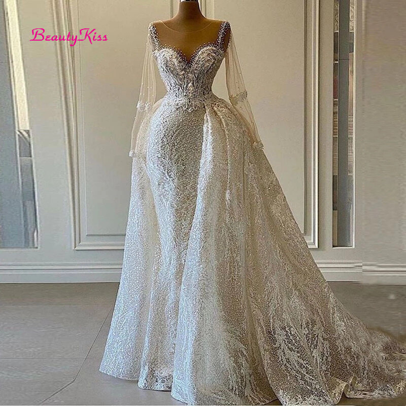 Роскошные Блестящие Свадебные платья с пайетками для женщин 2022 платье русалки с длинными рукавами со съемным шлейфом Африканские свадебные платья