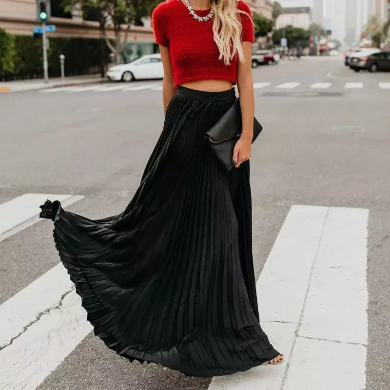 Fashion Prom Women's Skirt Korean Style Solid High Waist Loose Dresses Elegant Party Ladies Pleated Long Skirts Clothes OFE03