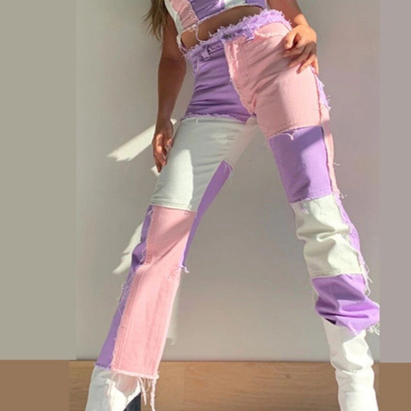 2023 Europese En Amerikaanse Mode Dames Denim Broek Contrasterende Kleur Patchwork Hoge Taille Strakke Heup Wijd Uitlopende Spijkerbroek