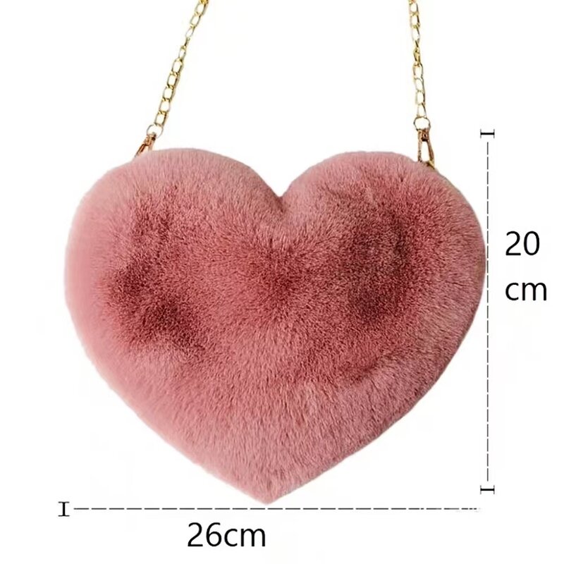 Bolso de mano con forma de corazón para mujer, bolsa de felpa con cadena de felpa de color sólido, cruzado, a la moda