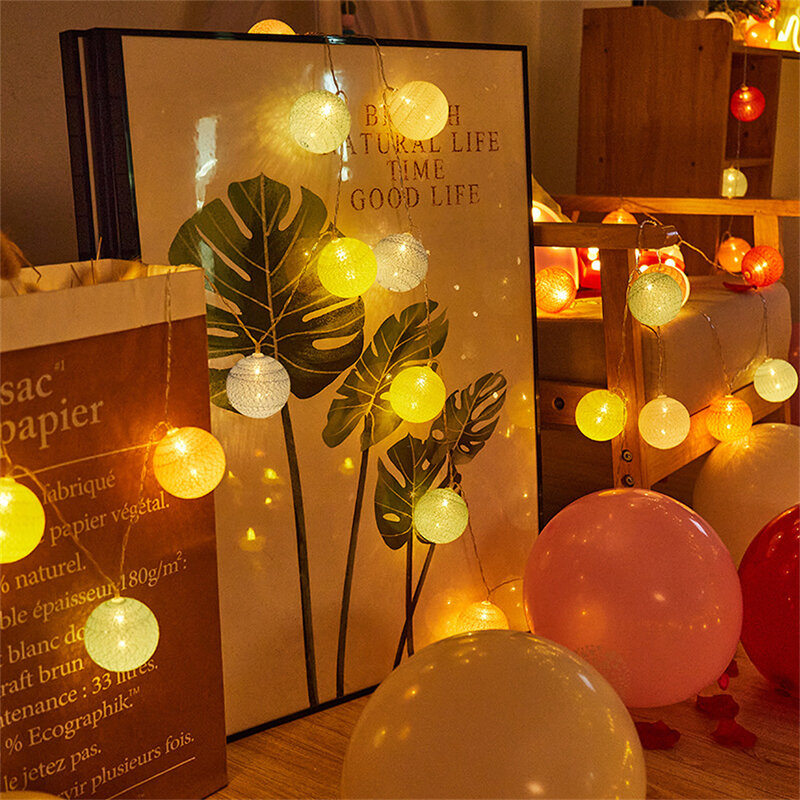 Cadena de luces Led de bola de algodón, decoración Interior y exterior, luces nocturnas para fiesta, boda y jardín, 2m, 10 lámparas, 6cm de diámetro