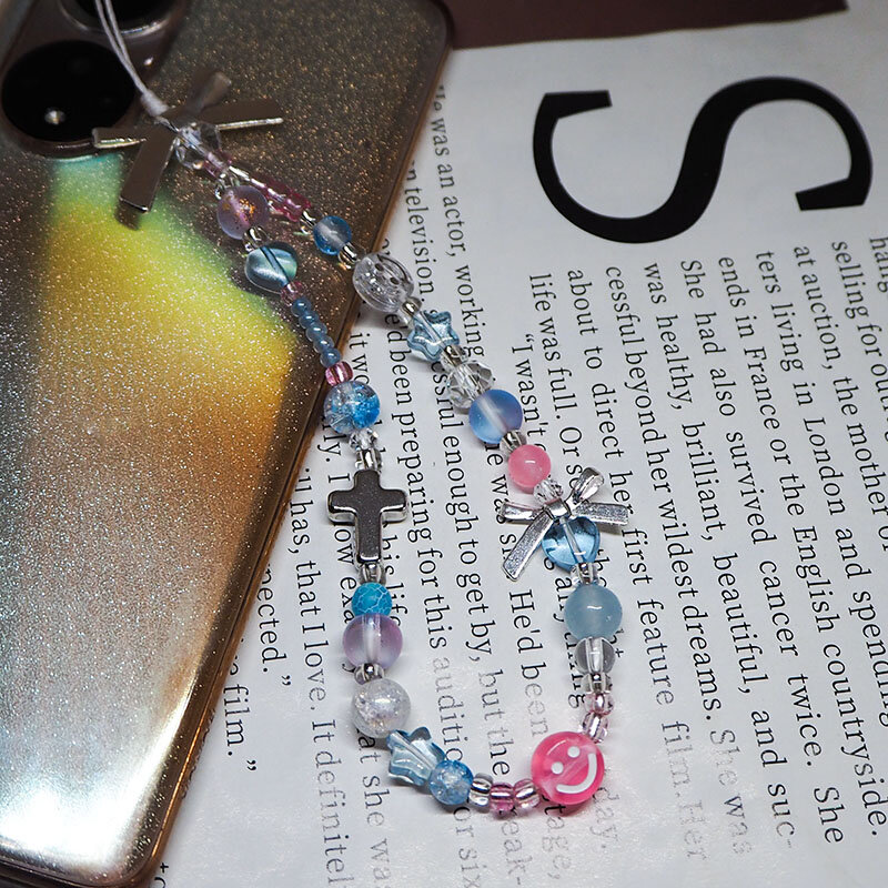 Women Mobile Phone Charm Strap Chain Lanyard Acrylic Silver Bow Heart Cross Glass Crack Bead Y2K KeyChain Girl Pink Blue Jewelry