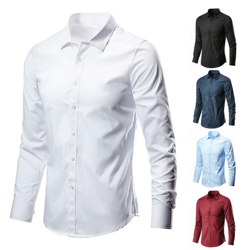 Men Shirt Long Sleeve Solid Color Button Single-breasted Cardigan Dress-up Casual Lapel Men Spring Shirt Stretch Business Formal