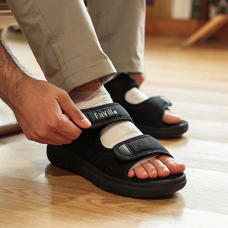 FitVille-Sandalias informales anchas para hombre, zapatos ligeros con Velcro para fascitis Plantar, soporte para el arco, alivio del dolor