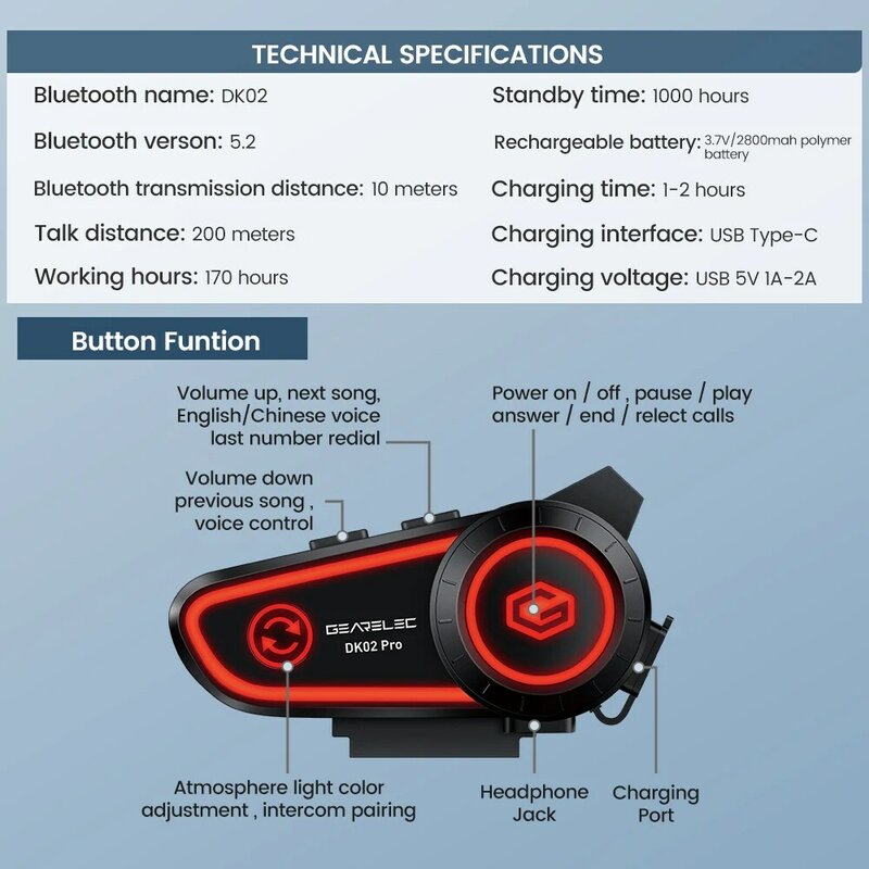 Gearleec-オートバイのヘルメット用の防水ヘッドセット,ワイヤレス通信システム,Bluetooth 5.2, 2人のモーターサイクリストのグループ用のipx7,dk02 Pro