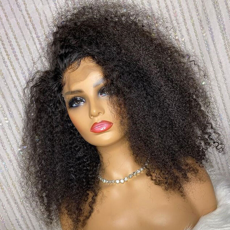 Kinky Curly Lace Front Wig para mulheres, sem cola, macio, natural, preto, cabelo do bebê, pré-arrancadas, resistente ao calor, diariamente, 180 Densidade, 26"