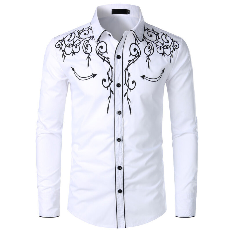 Camisa ocidental de botão manga longa masculina, camisa de vaqueiro bordada preta, vestido justo, casual vintage