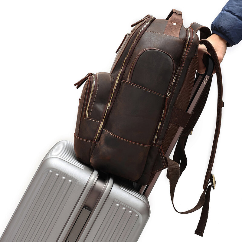 กระเป๋าแล็ปท็อปผู้ชายวินเทจแท้กระเป๋าสะพายหลังหนังแท้15.6 "ความจุมากการเดินทางธุรกิจการเดินป่า Daypacks กระเป๋าหนังโรงเรียน