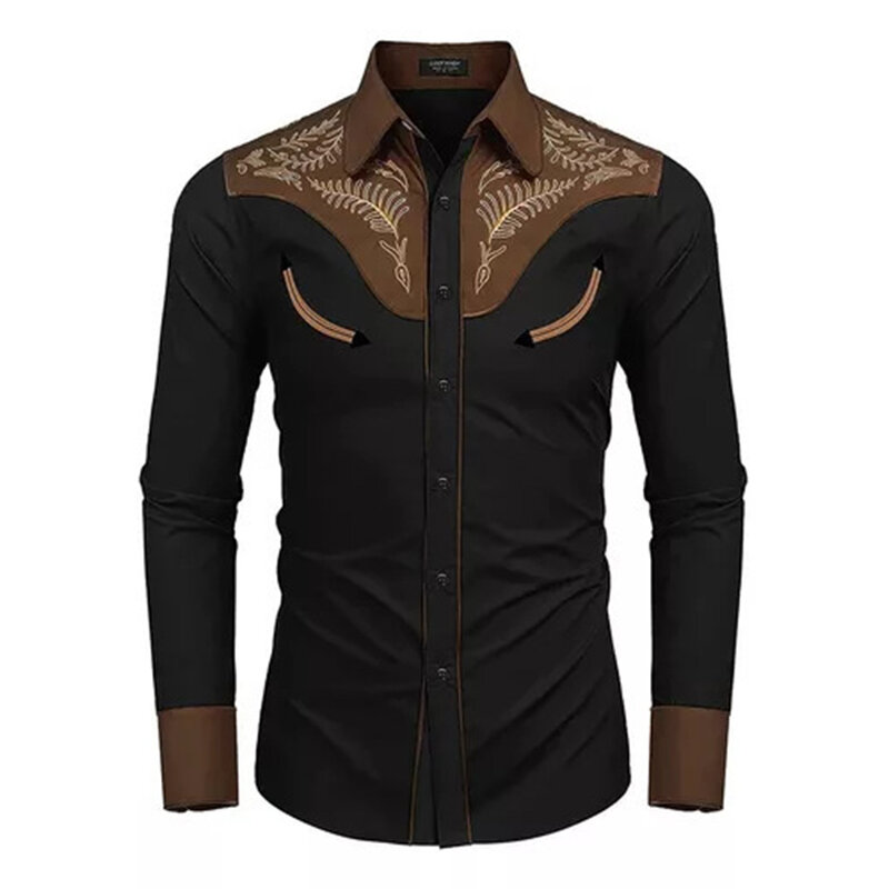 Camisa retrô manga longa estampada masculina, com botão baixo, camisa lapela casual, tops vintage, outwear de alta qualidade, moda