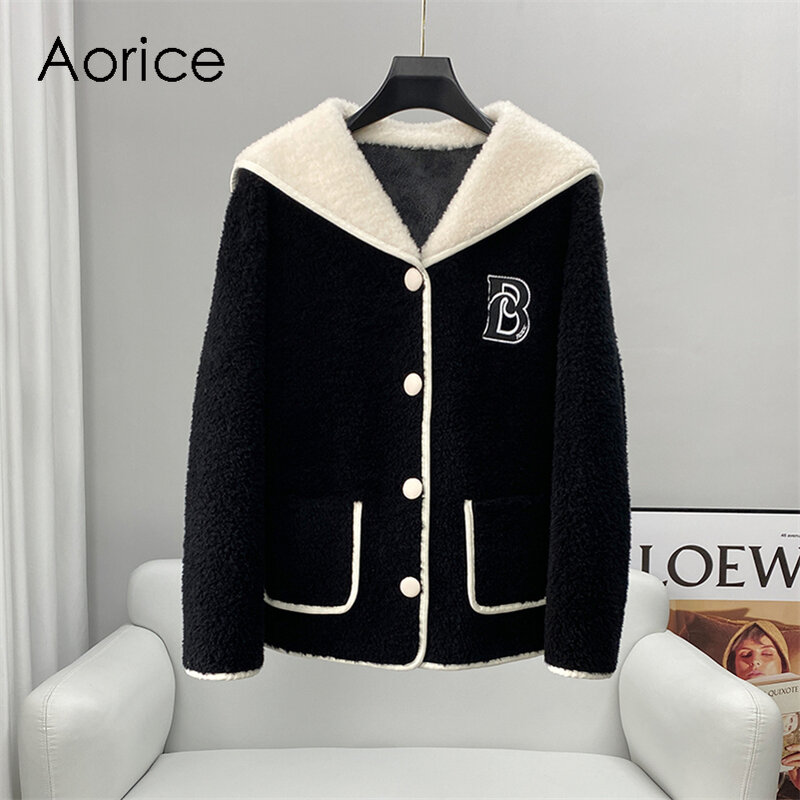 Aorice-abrigo de piel de lana auténtica para mujer, chaqueta con capucha, gabardina de talla grande, CT230
