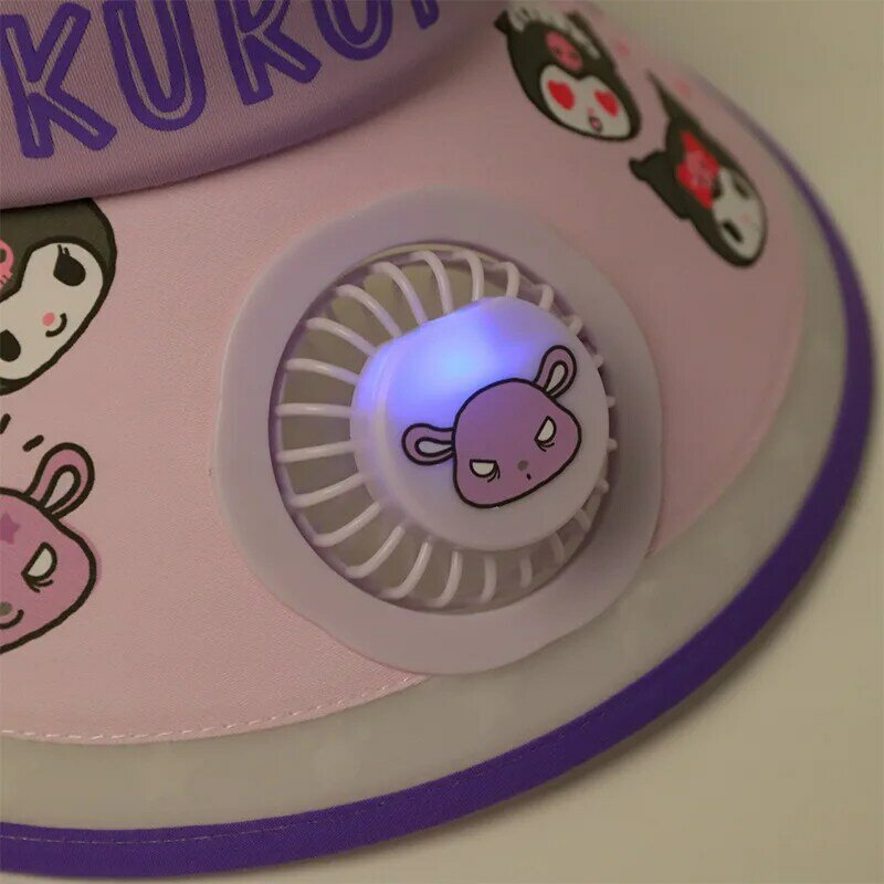 USB Carregamento Fan Cap para Crianças, Kawaii Anime, Sanrio, Olá Kitty, Kuromi, Cinnamoroll, Pochacco, Y2K, Desenhos Animados, Chapéu de Sol, Presentes