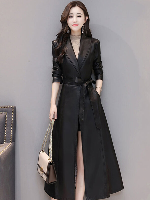 Luxury Sheepskin Long Trench Coats 2024 New Single-breasted Belt Pockets Chic Ladies Vintage Coffee Real Leather Jacket Outwear