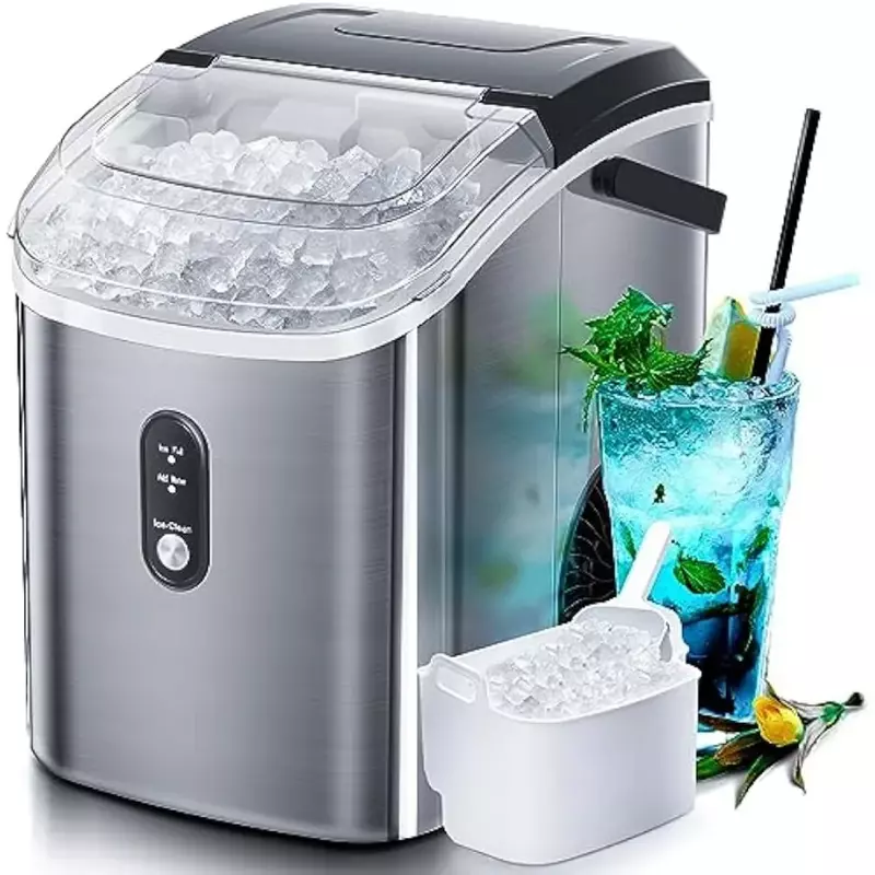Nugget mesin es portabel, pembuat es Meja dengan es kunyah lembut, 34lbs/24 jam, kerikil es portabel dengan sendok es, pembersihan sendiri