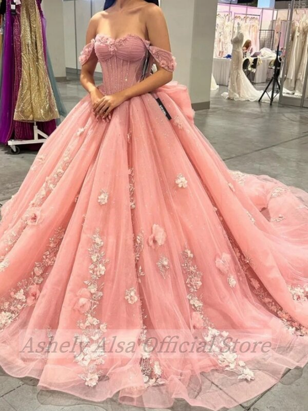 Princesa Quinceanera rosa fora do vestido do ombro, Doce vestido dezesseis, Vestidos de festa, Roupa de noite formal, 15