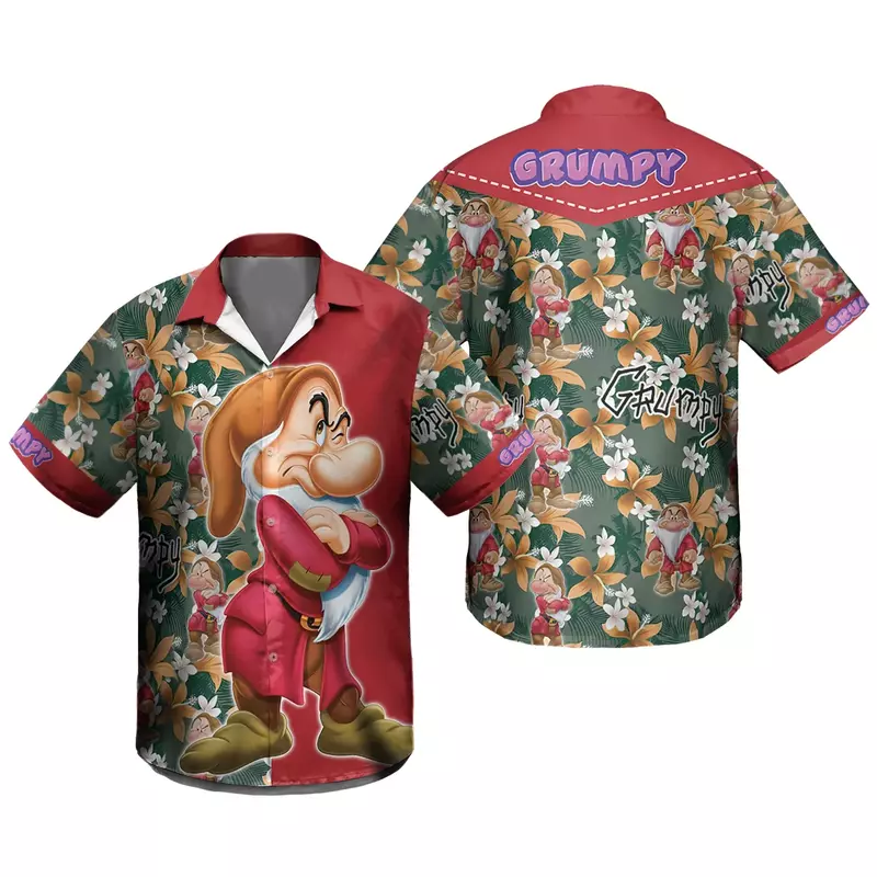 Grumpy Dwarf Snow White Hawaiian Shirt For Men's Disney Palm Leaves Hawaiian Shirt Men's clothing Casual Beach Button Down Shirt
