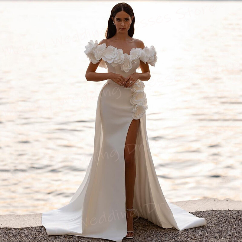 Vestido de novia de sirena para mujer, traje elegante y moderno con hombros descubiertos y flores en 3D, Sexy, abertura lateral alta