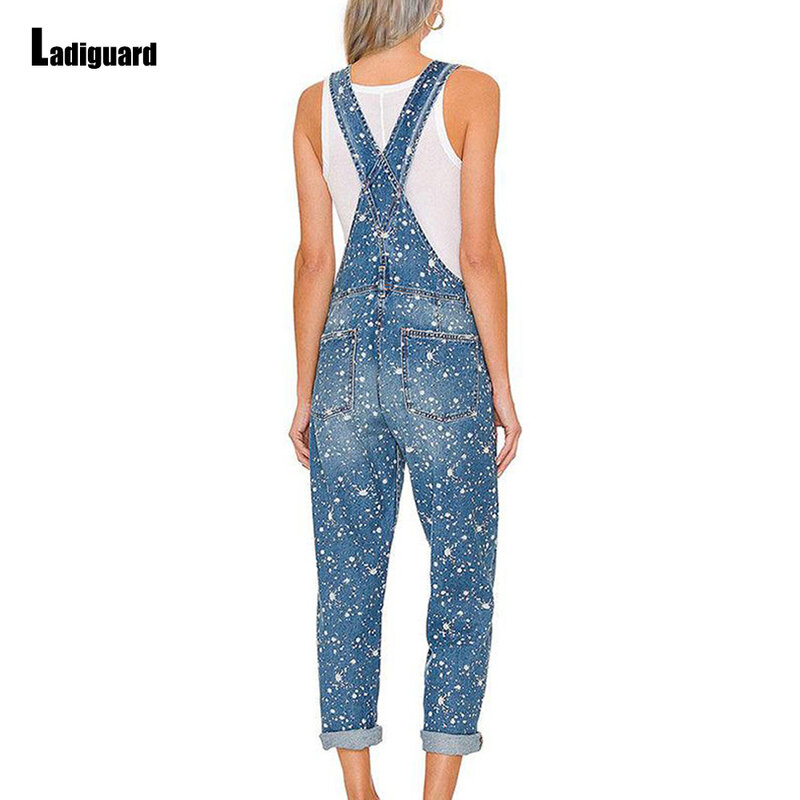 Ladiguard 2023 Europese Mode Jeans Demin Jumpsuits Voor Vrouwen Straat Polka Dots Print Denim Broek Lente Zakken Overalls