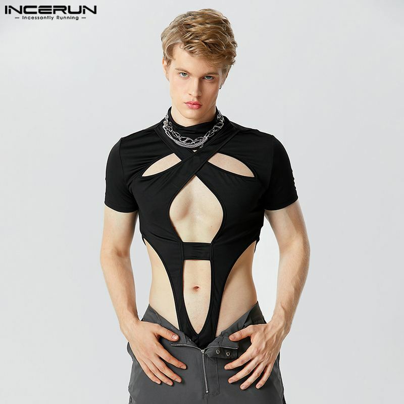 Fashion Casual Men Homewear Jumpsuits INCERUN Symmetric Hollow Design Short Sleeve Half High Neck Solid Triangle Bodysuits S-5XL