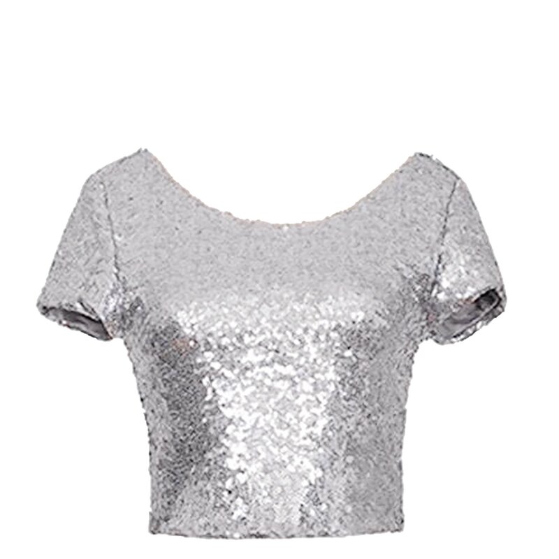Shiny Women Backless Crop Top Spring Summer Square-neck Short Sleeve Sequin Shine Short T Shirt Fashion Sexy Female Slim Tops