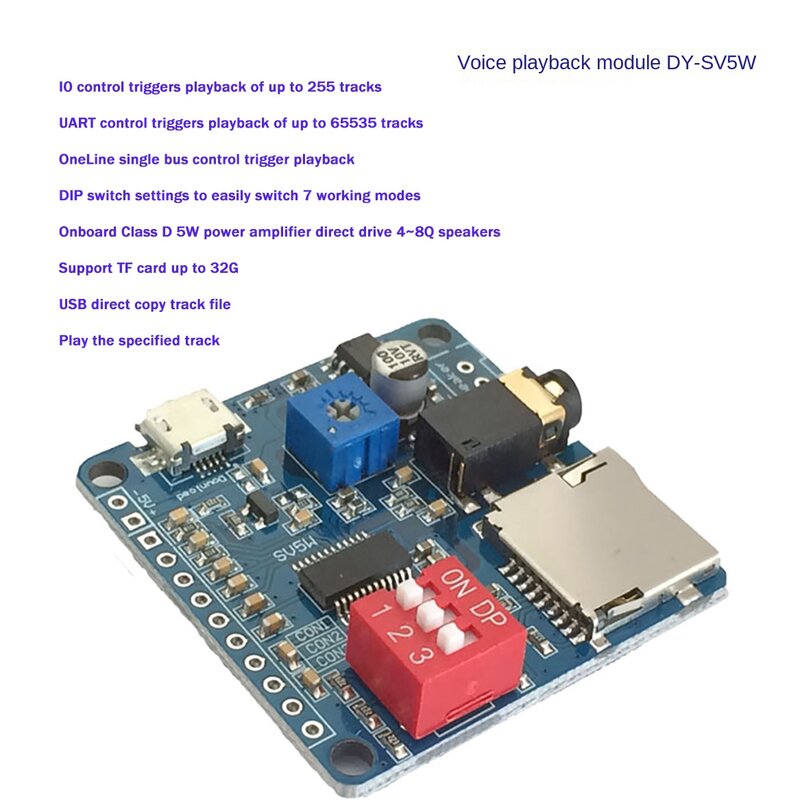 DY-SV5W modul pemutaran suara untuk pemutar musik MP3 Amplifier pemutaran suara 5W kartu SD/TF terintegrasi pelatuk UART I/O