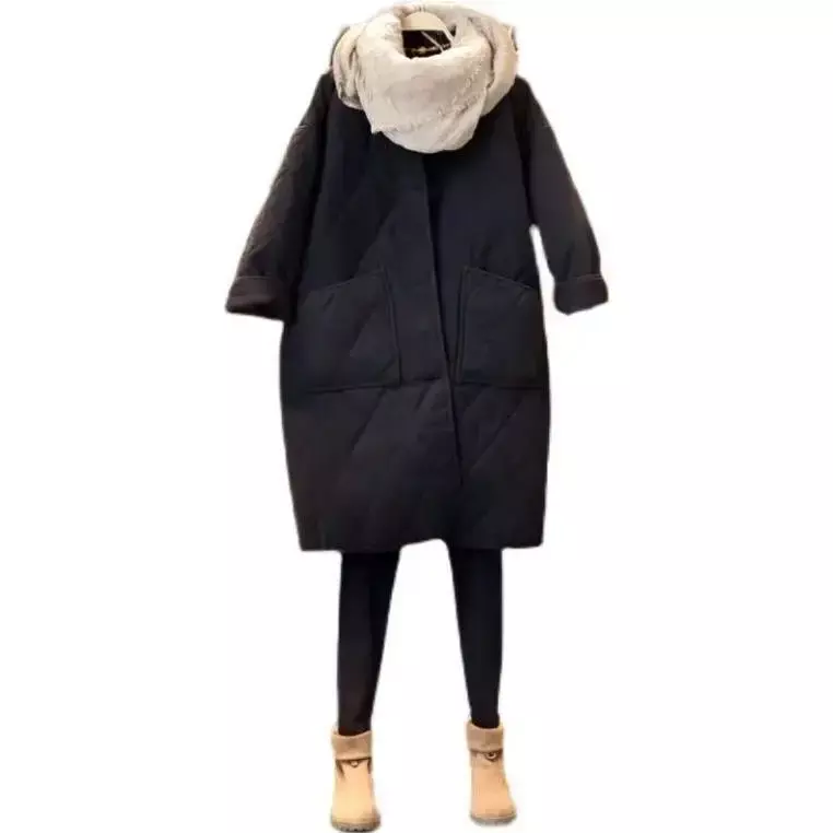 Jaket kebesaran musim gugur dan musim dingin 2023, mantel Parka katun Rhombus tipis longgar, panjang menengah ringan, mantel wanita berlapis