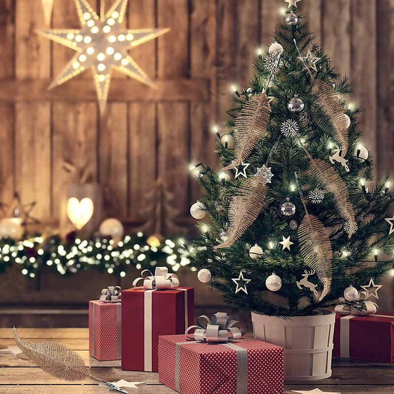 Plumes scintillantes pour décoration de maison, clip de feuilles artificielles, ornement d'arbre de Noël, fête de Noël, nouvel an, fleurs de mariage