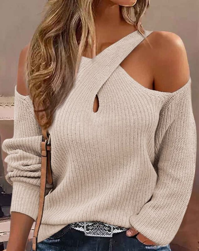 Sweater rajut wanita, Sweater jalan seksi Hollow Out elegan menyilang bahu dingin temperamen