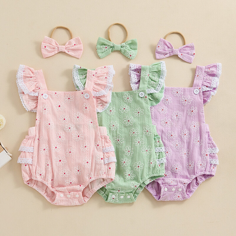 Barboteuse en dentelle à motifs floraux pour bébés filles, vêtements d'été avec bande de sauna, manches volantées, 2024-03-18