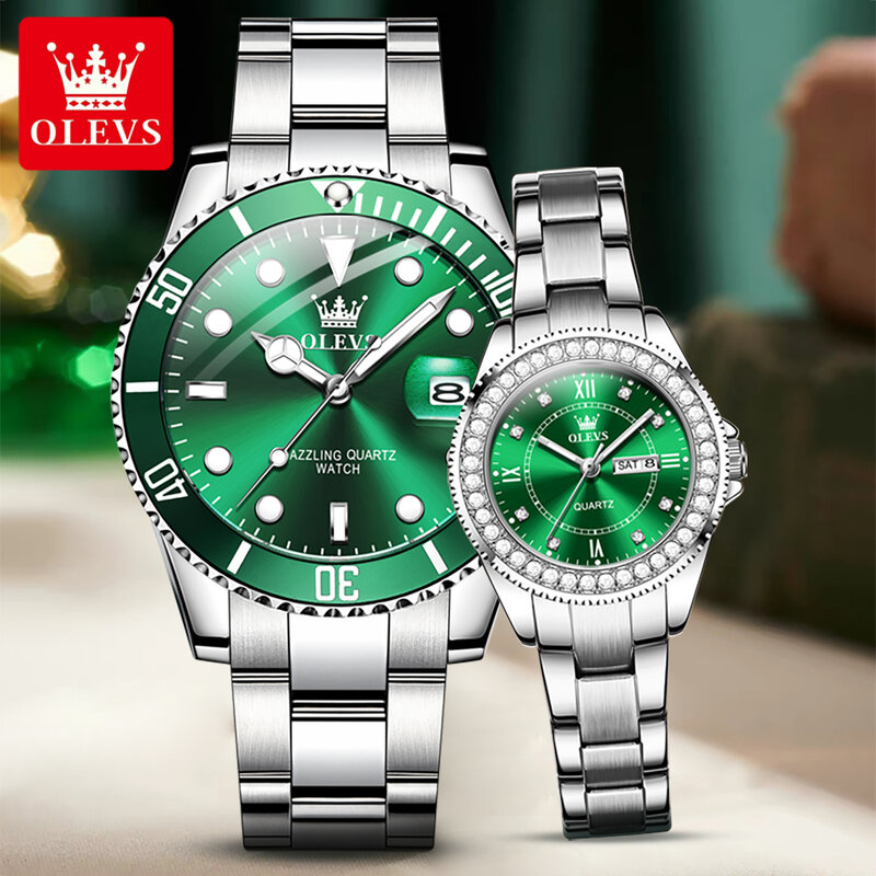 OLEVS 스테인레스 스틸 방수 달력 커플 시계, 럭셔리 쿼츠 손목시계, 연인 패션, 브랜드 신제품