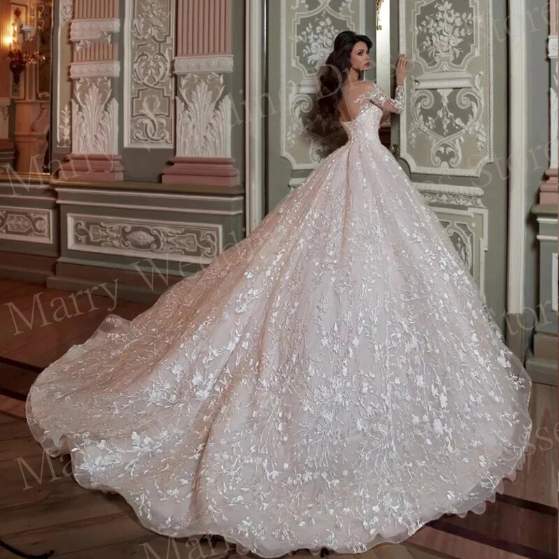 Pretty Generous Long Sleeve Wedding Dresses A Line Lace Appliques Beads Bride Gowns Sequins Princess Tulle Illusion Sweep Train