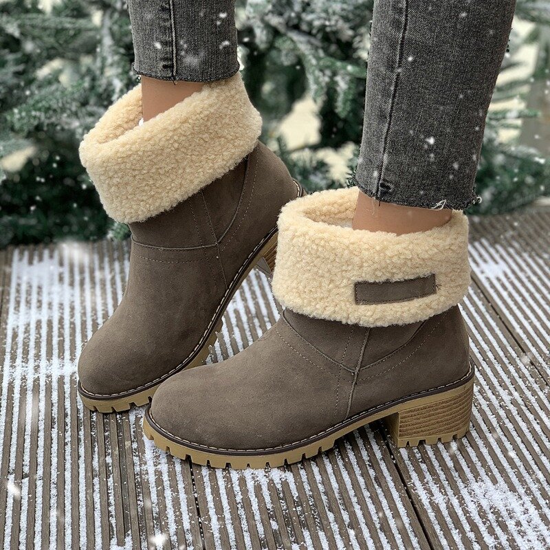 Botas de nieve de tacón grueso para mujer, zapatos cálidos y versátiles, talla media, talla grande, invierno, 2024
